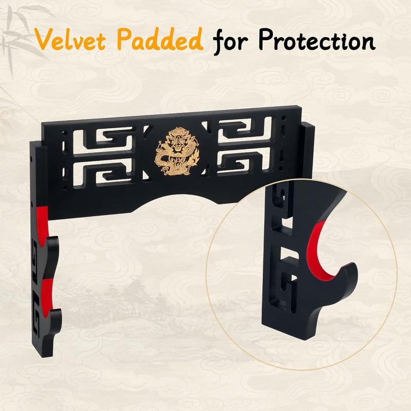 Alyoen Sword Display Katana Wall Mount, 2-Tier Samurai Sword Katana Holder Stand with Velvet Padded Hook & Dragon Pattern, Sword Rack for Wakizashi Samurai Lightsaber - Image 3